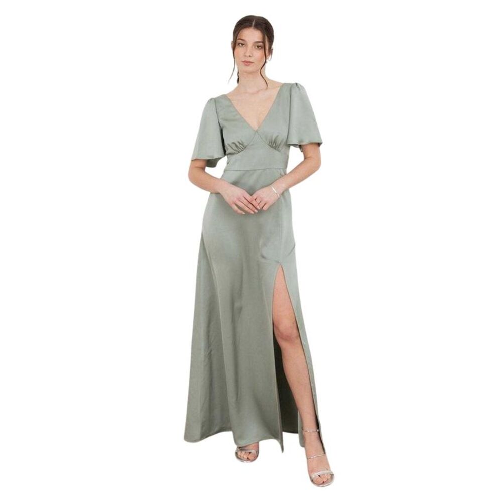 Maya Deluxe Womens/Ladies Satin Angel Sleeve Bridesmaid Maxi Dress / Sage Green